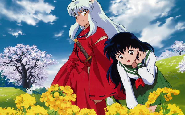 InuYasha and Kagome stand amidst vibrant flowers, surrounded by a picturesque landscape. This HD wallpaper captures the essence of the beloved anime series, InuYasha.