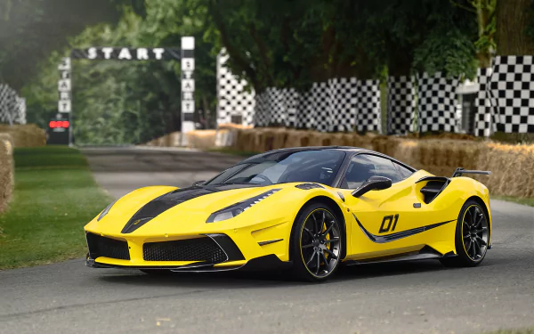 Yellow Ferrari 488 GTB 4XX Siracusa race car with black stripes on a racetrack, captured in 4K Ultra HD for a vibrant PC desktop wallpaper.