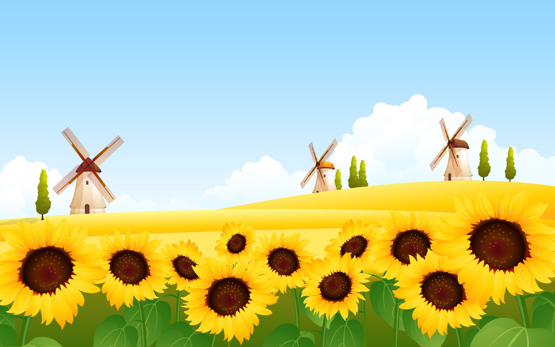 A vibrant HD wallpaper featuring sunflowers in a sunny field, complemented by charming windmills against a clear blue sky, capturing the essence of artistic nature.