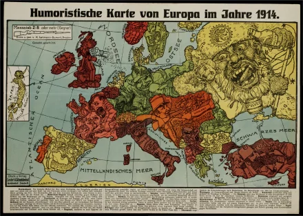 A colorful old European map from 1914, featuring humorous illustrations and geographical details, suited for an HD PC desktop wallpaper and background.