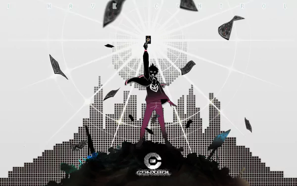 HD PC desktop wallpaper featuring Kimimaro Yoga from the anime The Money of Soul and Possibility Control, with a stylized cityscape and floating bills in grayscale tones.