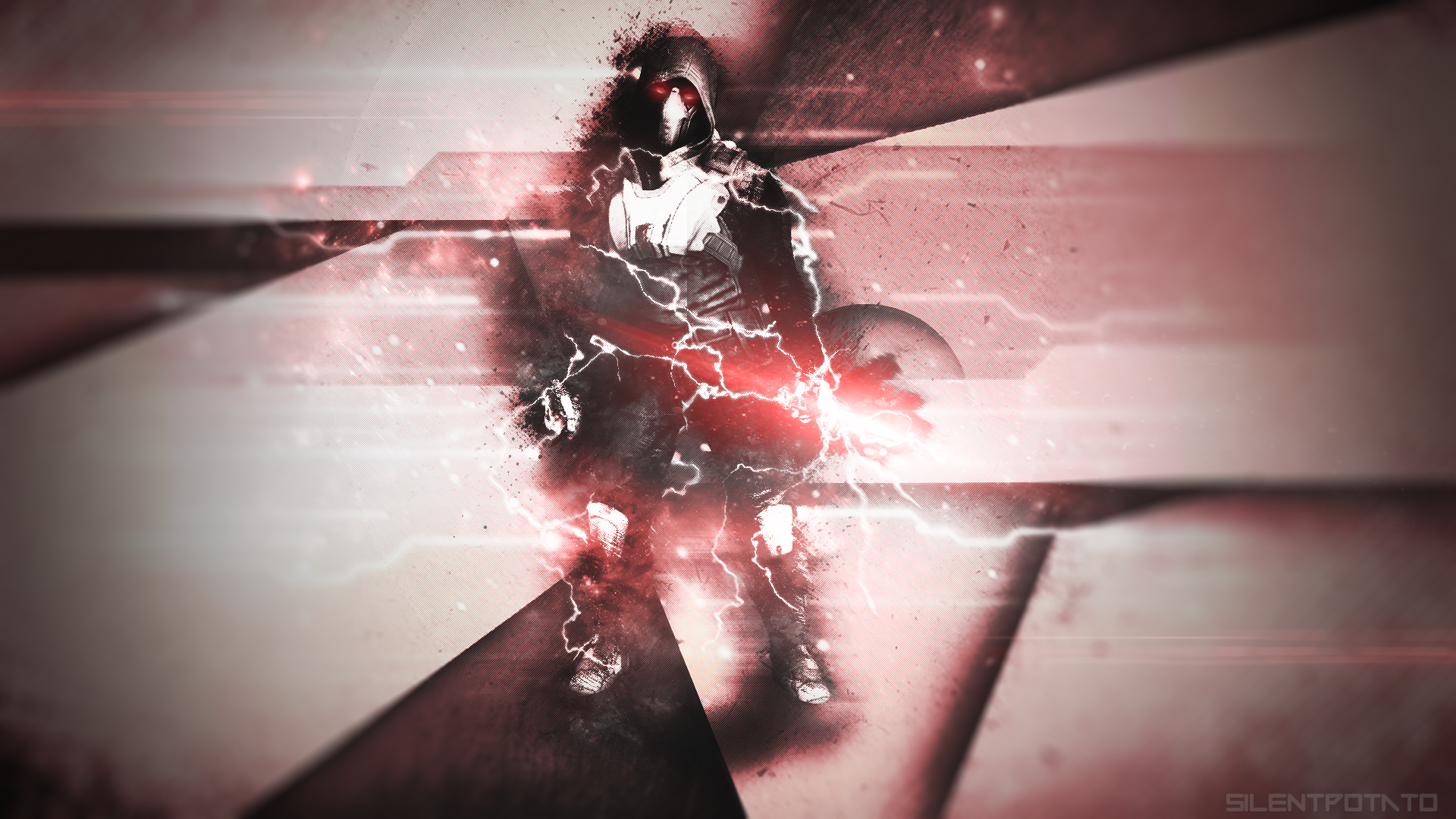 HD PC desktop wallpaper featuring a dynamic, dark-themed character from the video game Smite with glowing red and white lightning effects.