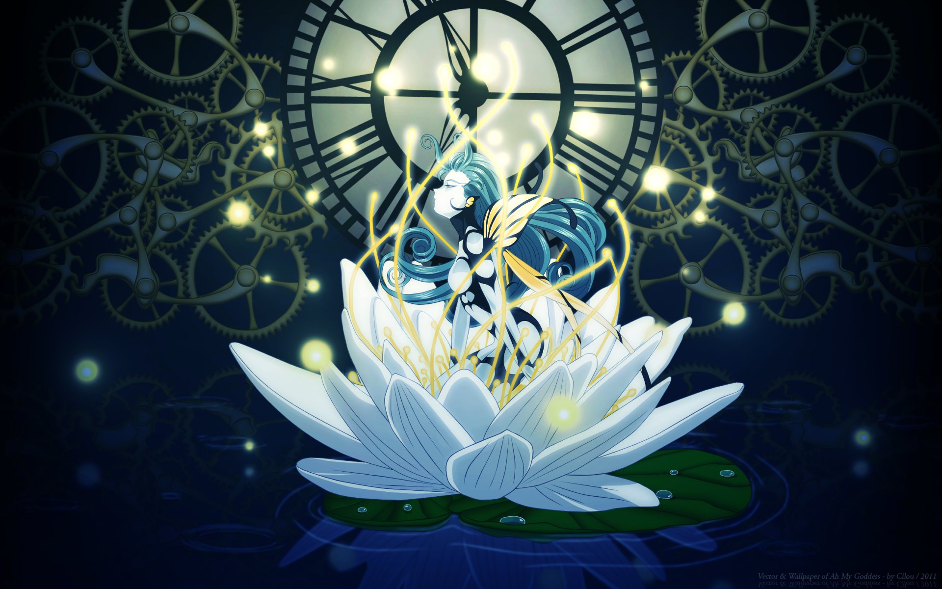 Anime Ah! My Goddess 2K Quad HD PC desktop wallpaper and background: ethereal goddess rises from a glowing lotus beneath a moonlit clock face surrounded by floating gears.