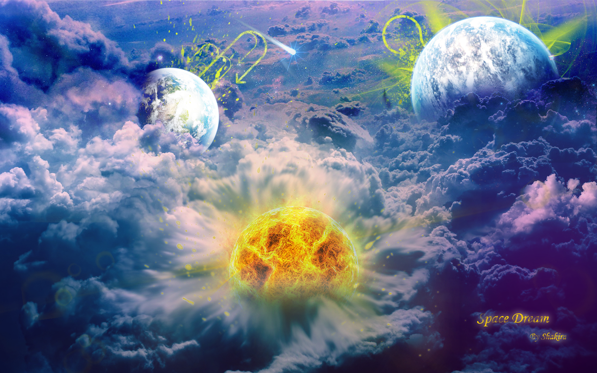 HD sci-fi desktop wallpaper showcasing a vibrant cosmic scene with glowing planets and a fiery sun emerging from swirling clouds in an otherworldly atmosphere.