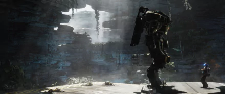 A stunning 4K Ultra HD wallpaper featuring a mecha from Titanfall 2, set against a dramatic, misty environment with towering rock formations.