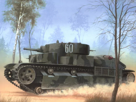 HD desktop wallpaper featuring a military T-28 tank moving through a forested area with dust rising behind its tracks.
