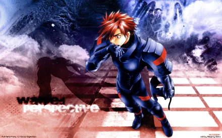 HD PC desktop wallpaper featuring a dynamic anime character in battle armor from Full Metal Panic!, set against a dramatic, cloudy background with shadowed figures.