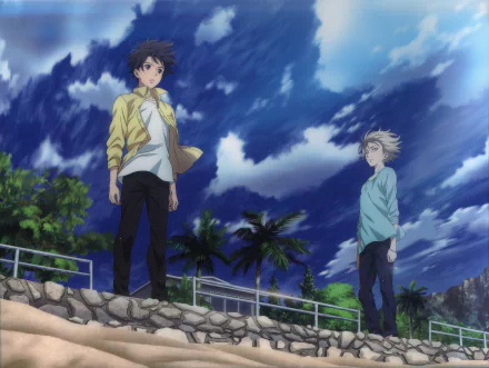 Inaho Kaizuka and a companion from Aldnoah.Zero stand on a seaside promenade under dramatic blue skies — anime 5K Ultra HD PC desktop wallpaper background