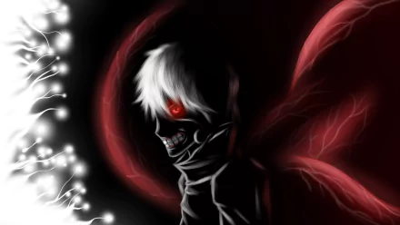 A striking HD wallpaper featuring Ken Kaneki from *Tokyo Ghoul*, showcasing his dark transformation with white hair, an eerie red eye, and ominous black and red hues.