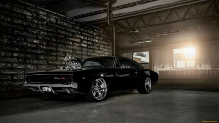 HD PC desktop wallpaper featuring a sleek black hot rod parked in a dimly lit industrial garage with sunlight streaming through a window.