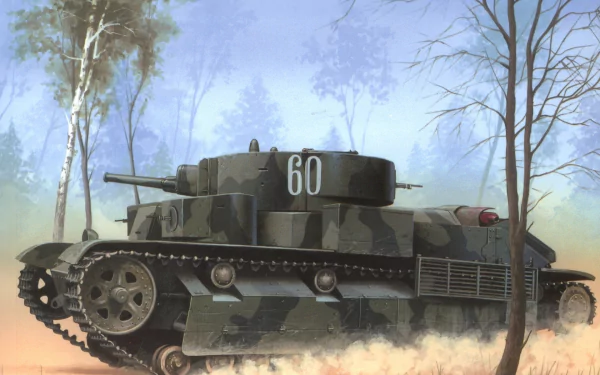 HD desktop wallpaper featuring a military T-28 tank moving through a forested area with dust rising behind its tracks.