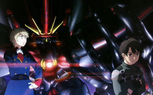 8K Ultra HD PC desktop wallpaper and background of Aldnoah.Zero: two protagonists flank a glowing red-eyed mecha amid dark, reflective metallic machinery.