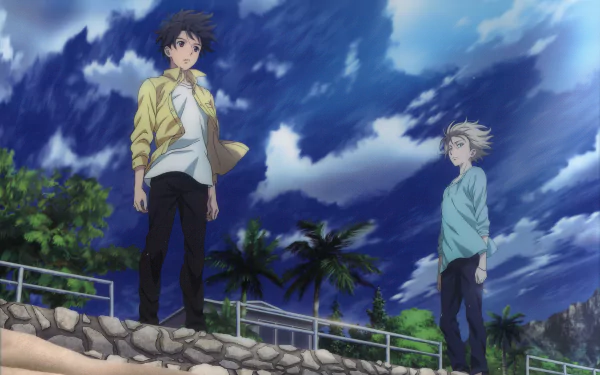 Inaho Kaizuka and a companion from Aldnoah.Zero stand on a seaside promenade under dramatic blue skies — anime 5K Ultra HD PC desktop wallpaper background