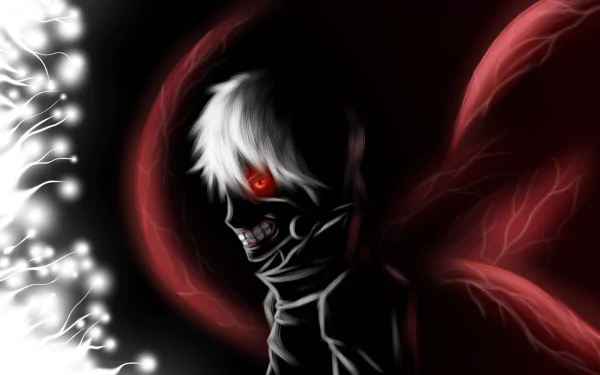 A striking HD wallpaper featuring Ken Kaneki from *Tokyo Ghoul*, showcasing his dark transformation with white hair, an eerie red eye, and ominous black and red hues.