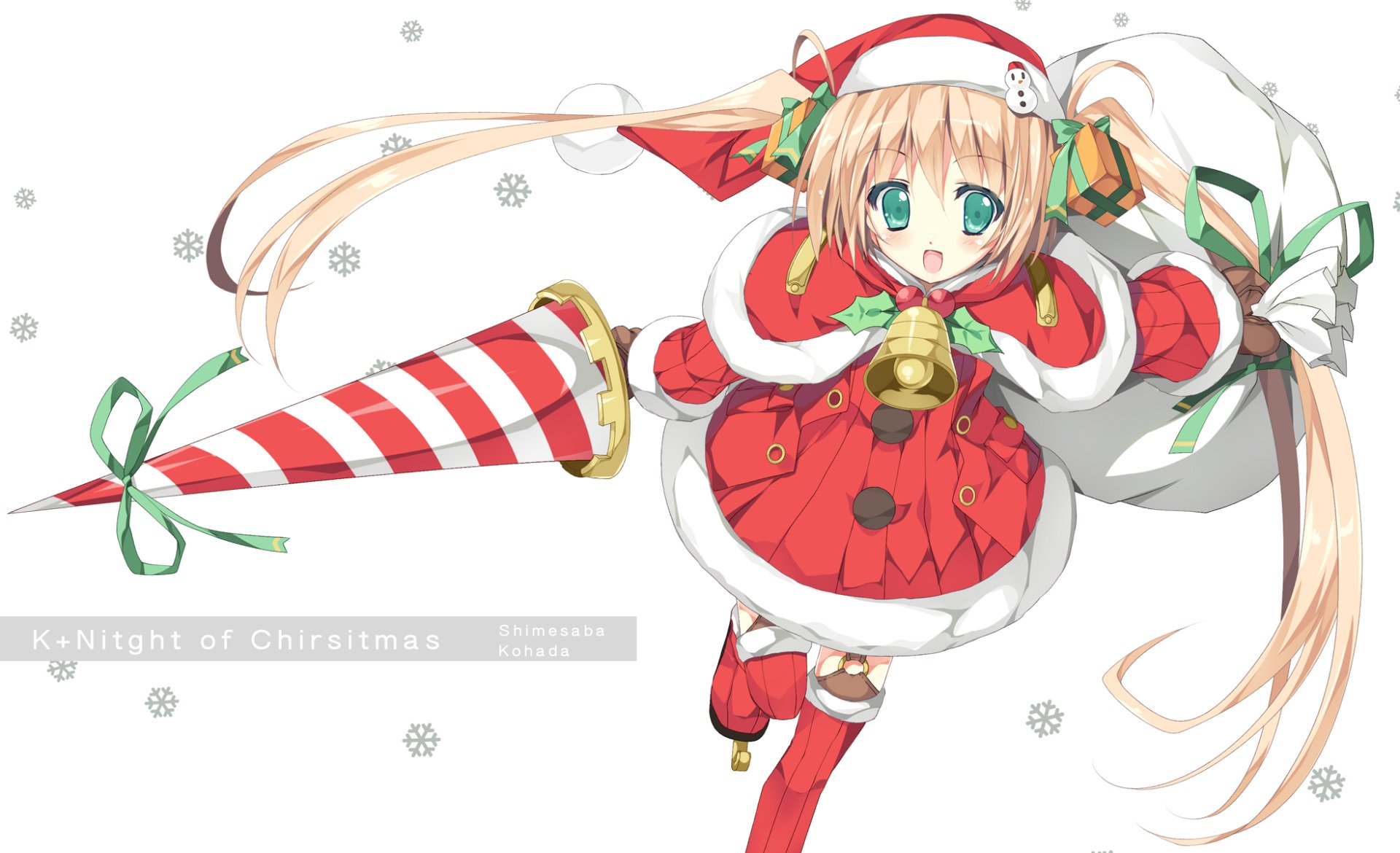 Anime Christmas HD PC desktop wallpaper showing a cheerful anime girl in a red Santa outfit with long twin tails, bell, striped candy-cane staff and falling snowflakes.