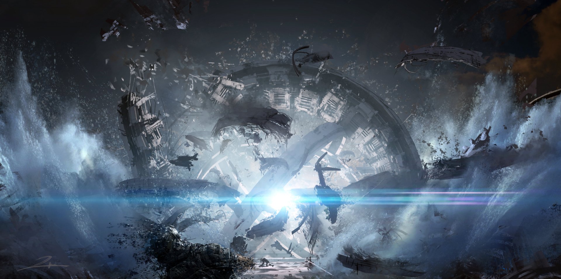 A stunning HD wallpaper featuring a dramatic scene from the video game Titanfall 2, showcasing explosive energy and dynamic visuals in a futuristic setting.
