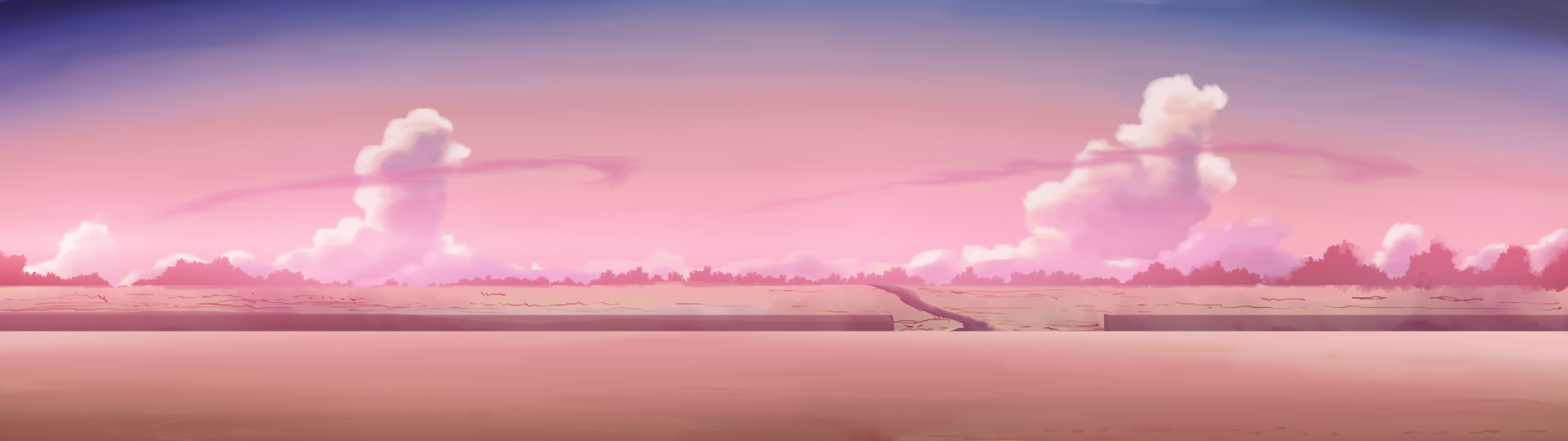 Anime-style original HD PC desktop wallpaper featuring a serene pink and purple sky over a minimalist, open landscape with distant mountains and clouds.