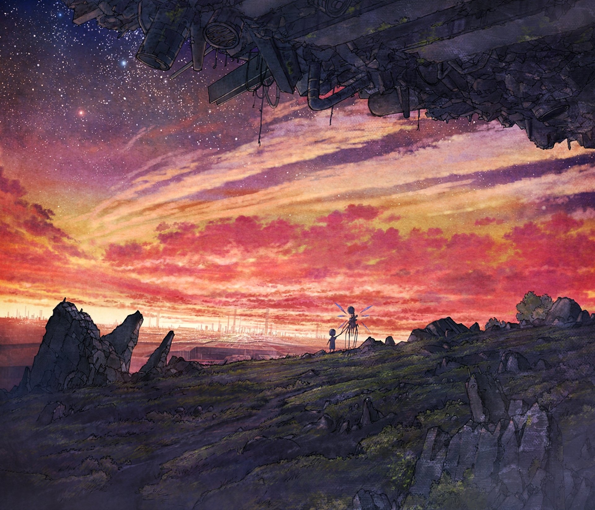 A stunning HD anime wallpaper featuring a serene landscape with a colorful sunset, rocky terrain, and two robots gazing toward the horizon. Original artwork capturing a futuristic atmosphere.