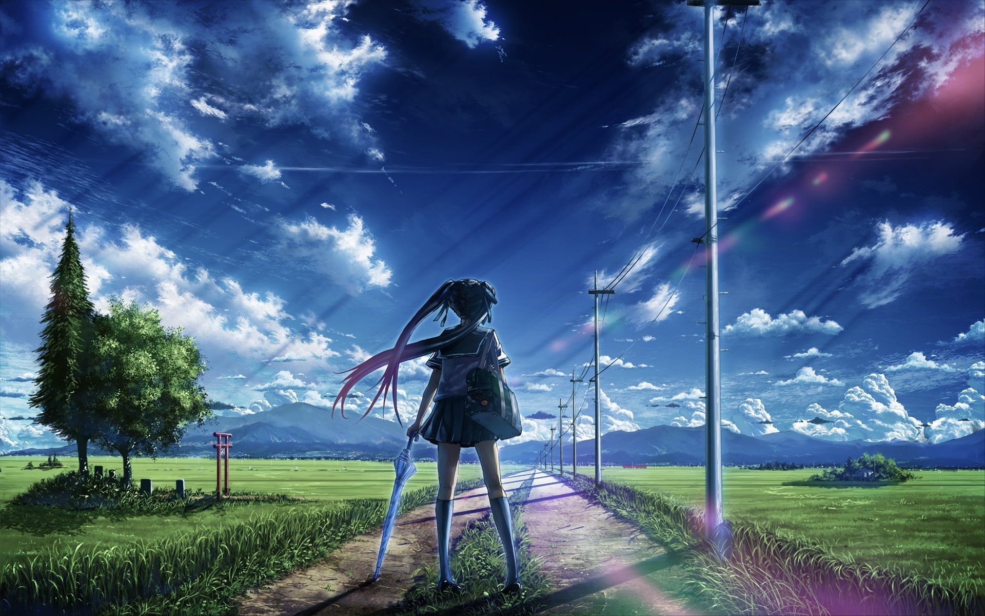 A vibrant HD anime wallpaper featuring a character with long hair standing on a scenic path, surrounded by lush fields and a dramatic cloudy sky.