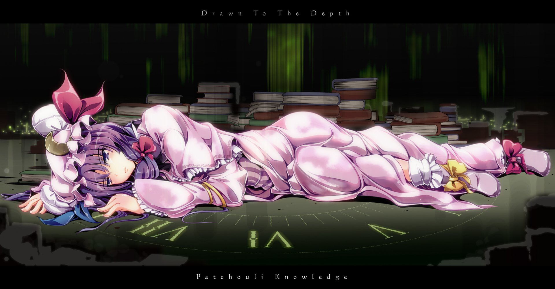 HD anime desktop wallpaper featuring Patchouli Knowledge from Touhou, lying down surrounded by books with a dark, mystical background.