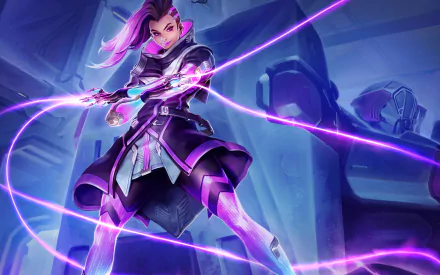 Sombra from Overwatch stands confidently, surrounded by vibrant purple energy in this HD comic-style desktop wallpaper, showcasing her stealth and hacking skills.