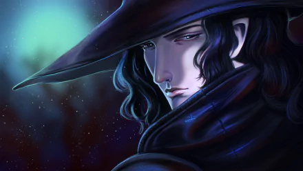 HD anime wallpaper featuring Vampire Hunter D with a mysterious expression, cloaked in dark attire and a wide-brimmed hat against a cosmic backdrop.