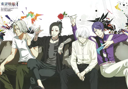 This HD desktop wallpaper features Renji Yomo, Uta, Shū Tsukiyama, and Ken Kaneki from the anime Tokyo Ghoul, sitting together on a couch with a colorful abstract background.