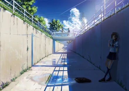HD anime original desktop wallpaper depicting a serene urban scene with a girl in a school uniform standing in the shadows of a sunlit underpass.