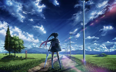 A vibrant HD anime wallpaper featuring a character with long hair standing on a scenic path, surrounded by lush fields and a dramatic cloudy sky.