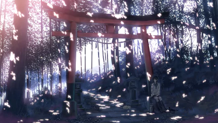 A serene anime-themed HD desktop wallpaper featuring a tranquil forest with a torii gate and a figure sitting beneath cherry blossom petals drifting through the air.