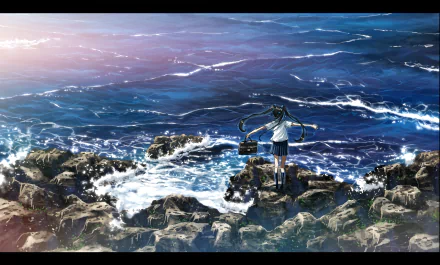 A serene anime scene depicts a figure standing on rocky shorelines, gazing out at the vibrant ocean waves under a colorful sky. This HD wallpaper captures an original artistic moment.