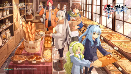 HD PC desktop wallpaper: anime scene from Zero no Kiseki featuring Tio Plato, Randy Orlando, Elie MacDowell and Lloyd Bannings browsing breads in a warm, sunlit bakery.