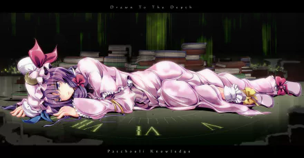HD anime desktop wallpaper featuring Patchouli Knowledge from Touhou, lying down surrounded by books with a dark, mystical background.