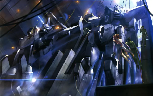Anime Mobile Suit Gundam Seed Destiny 2K Quad HD PC desktop wallpaper: towering blue mobile suits in a dim hangar, pilots suspended by cables, sparks and dramatic lighting.