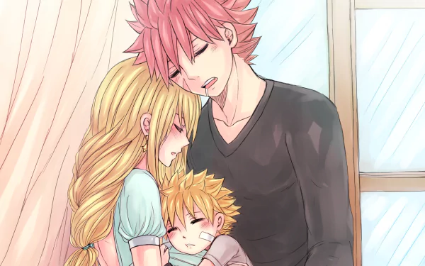 Natsu Dragneel and Lucy Heartfilia from the anime Fairy Tail share a tender moment together, embracing a sleeping child, creating a warm and heartfelt scene in this HD desktop wallpaper.