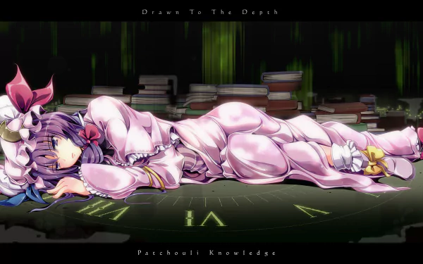 HD anime desktop wallpaper featuring Patchouli Knowledge from Touhou, lying down surrounded by books with a dark, mystical background.