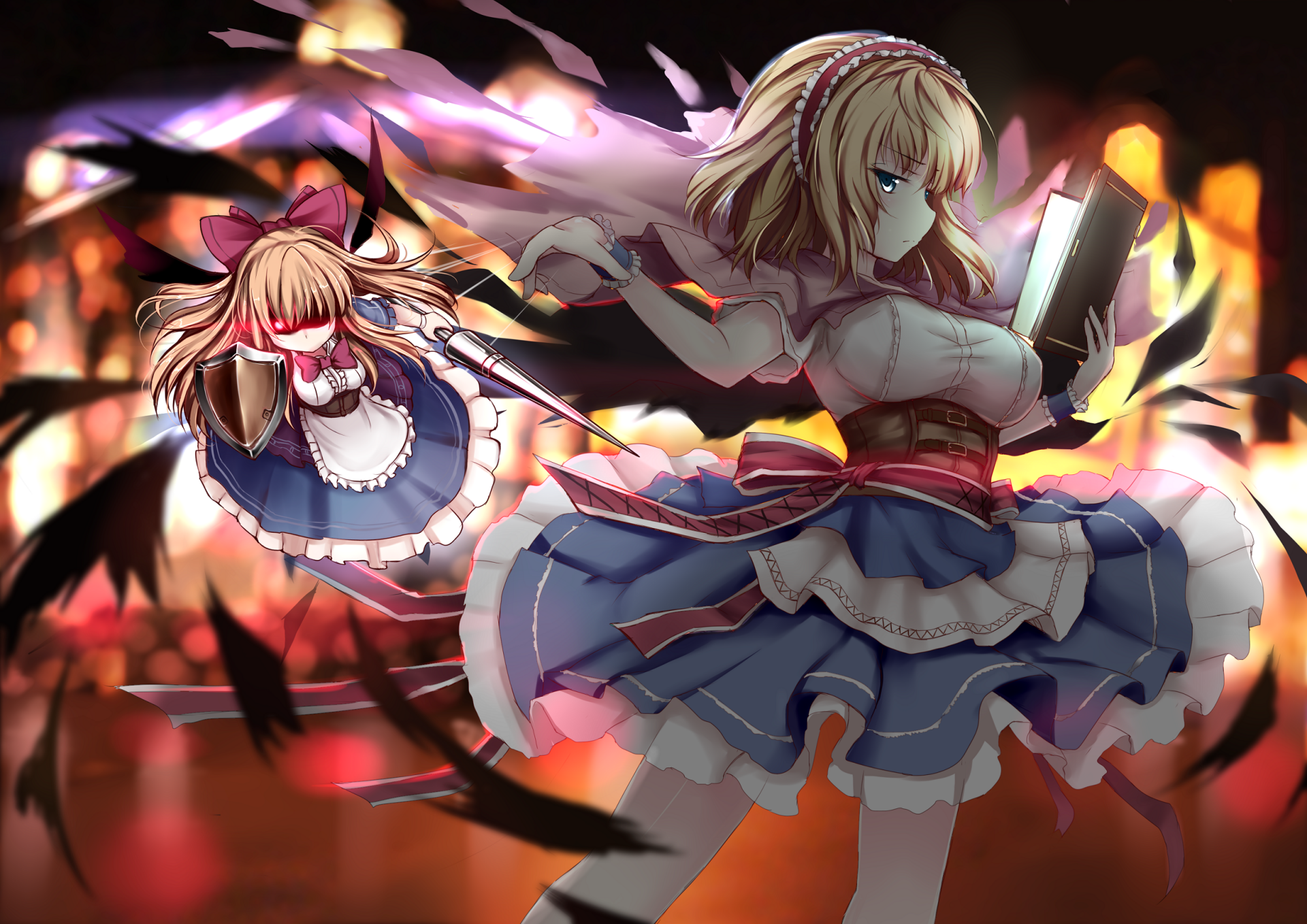 HD PC desktop wallpaper background of Alice Margatroid (Touhou): anime-style portrait of her reading a spellbook, puppet doubles circling, dramatic lighting and flowing blue frilled dress.