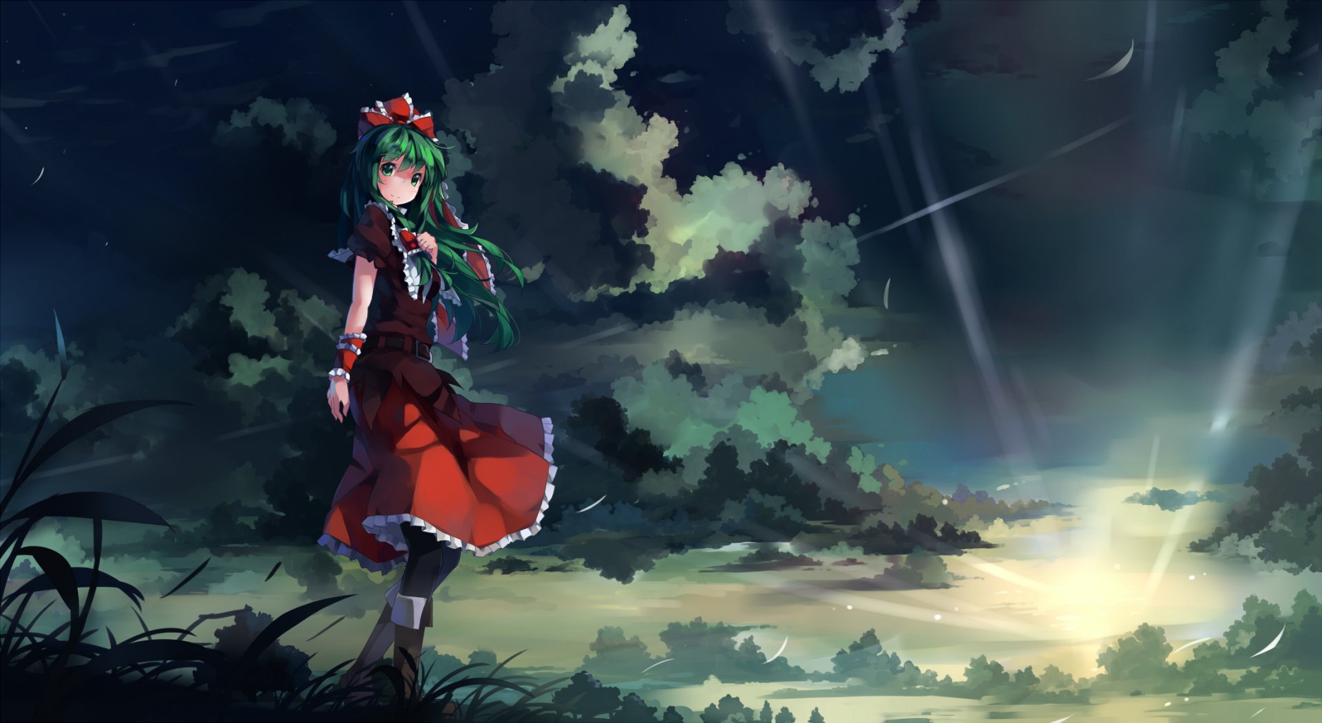 Anime-style Touhou character stands in a dark, dramatic landscape under a cloudy sky, rendered in high-definition as a PC desktop wallpaper and background.