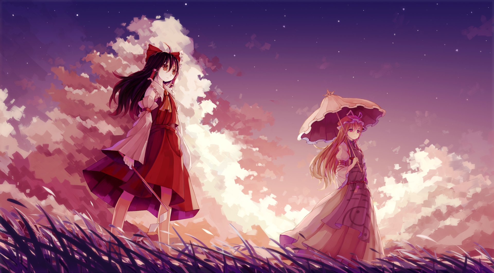 HD PC desktop wallpaper featuring anime characters Yukari Yakumo and Reimu Hakurei from the Touhou series against a vibrant sunset sky.