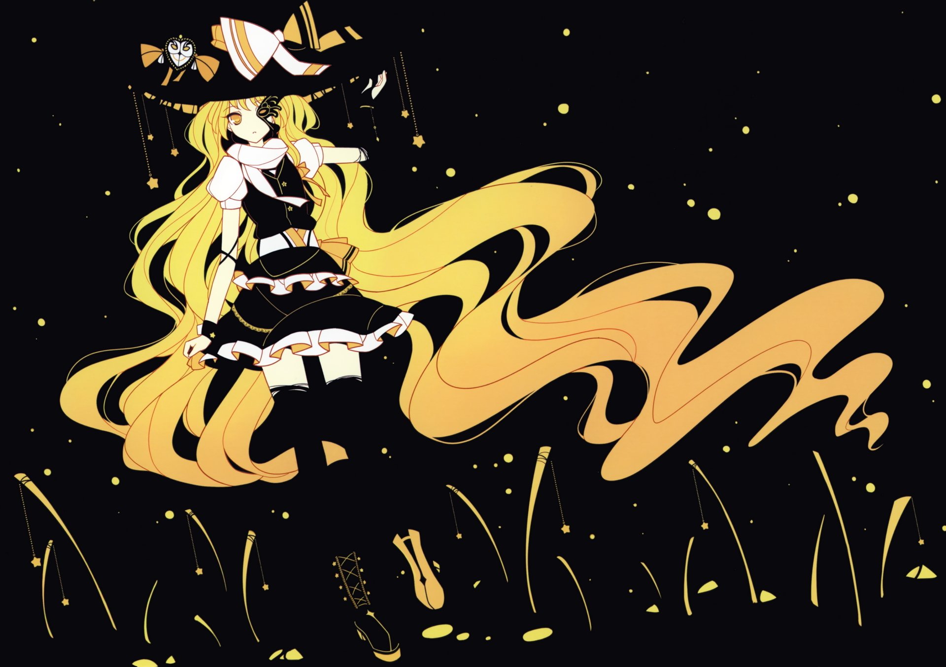 Marisa Kirisame (Touhou) anime 2K Quad HD PC desktop wallpaper: witch in black dress and hat, long flowing blonde hair swirling across a dark, star-speckled background with golden sparkles.