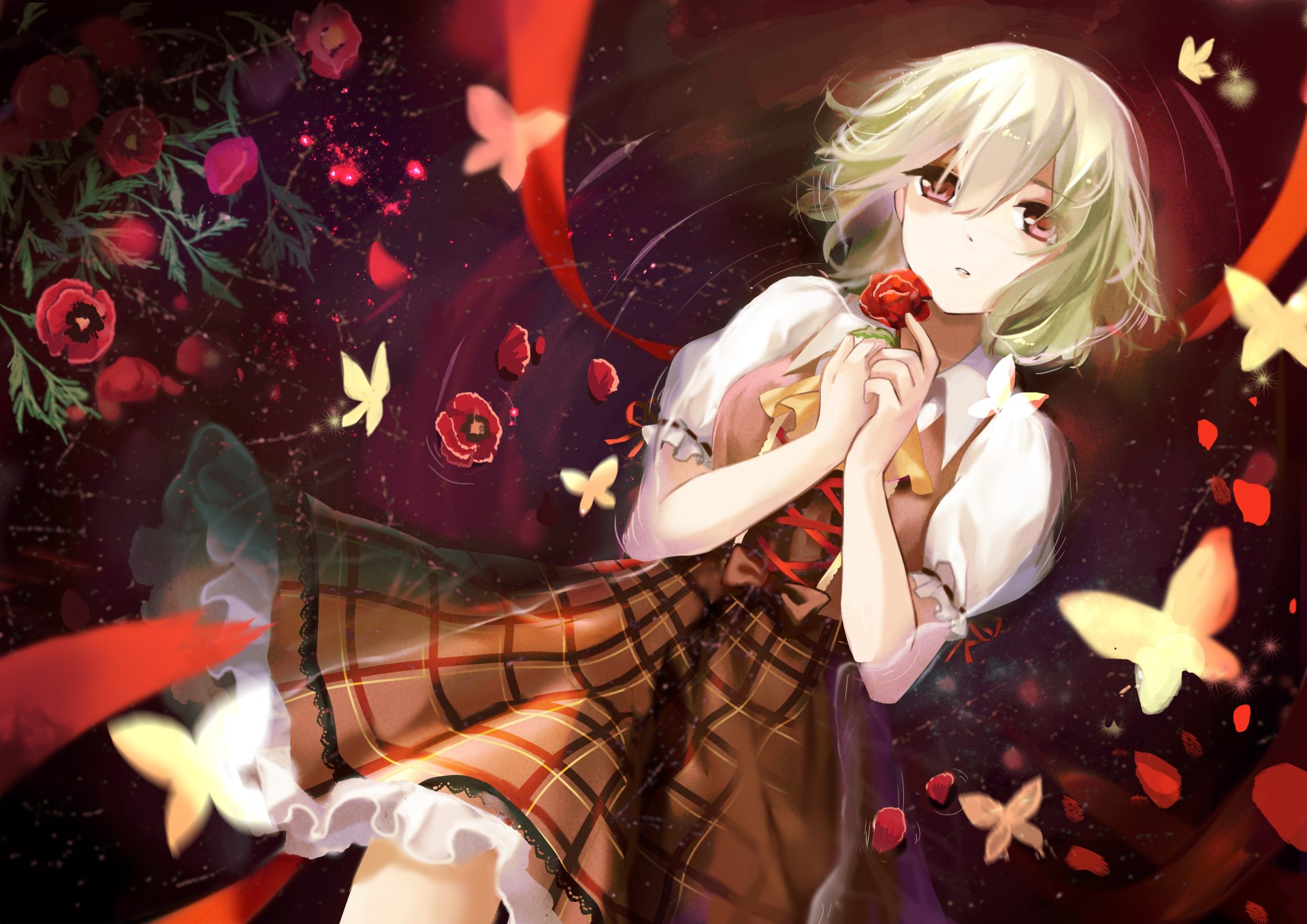 4K Ultra HD anime wallpaper featuring Yuuka Kazami from Touhou, surrounded by red roses and glowing butterflies in a vibrant, detailed background.