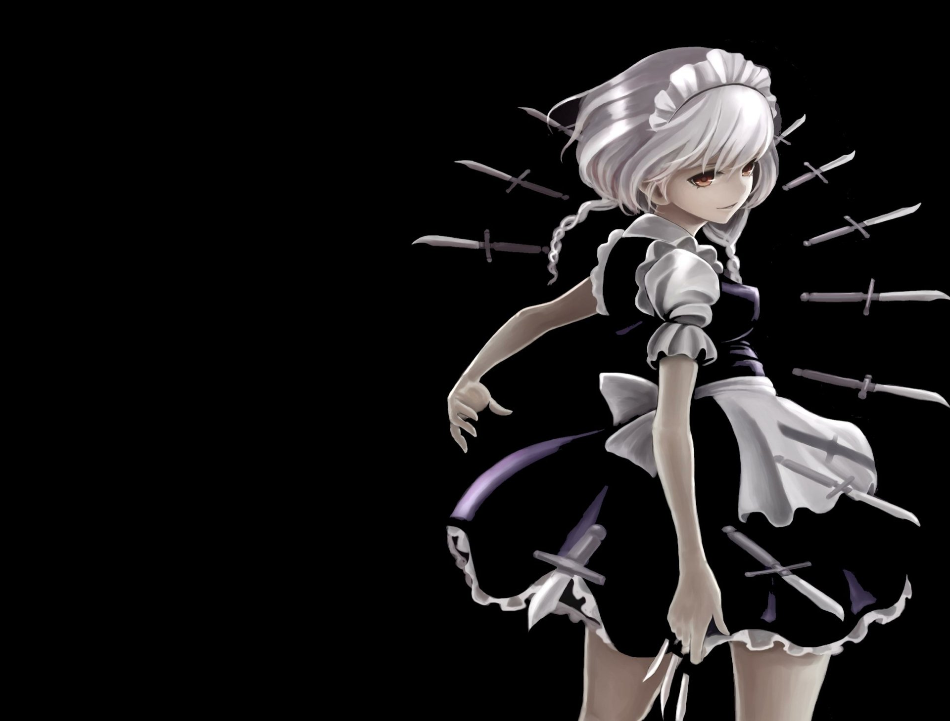 Download Short Hair Black Dress Dress Orange Eyes White Hair Headband Weapon Knife Maid Smile Sakuya Izayoi Anime Touhou HD Wallpaper | 2500x1900