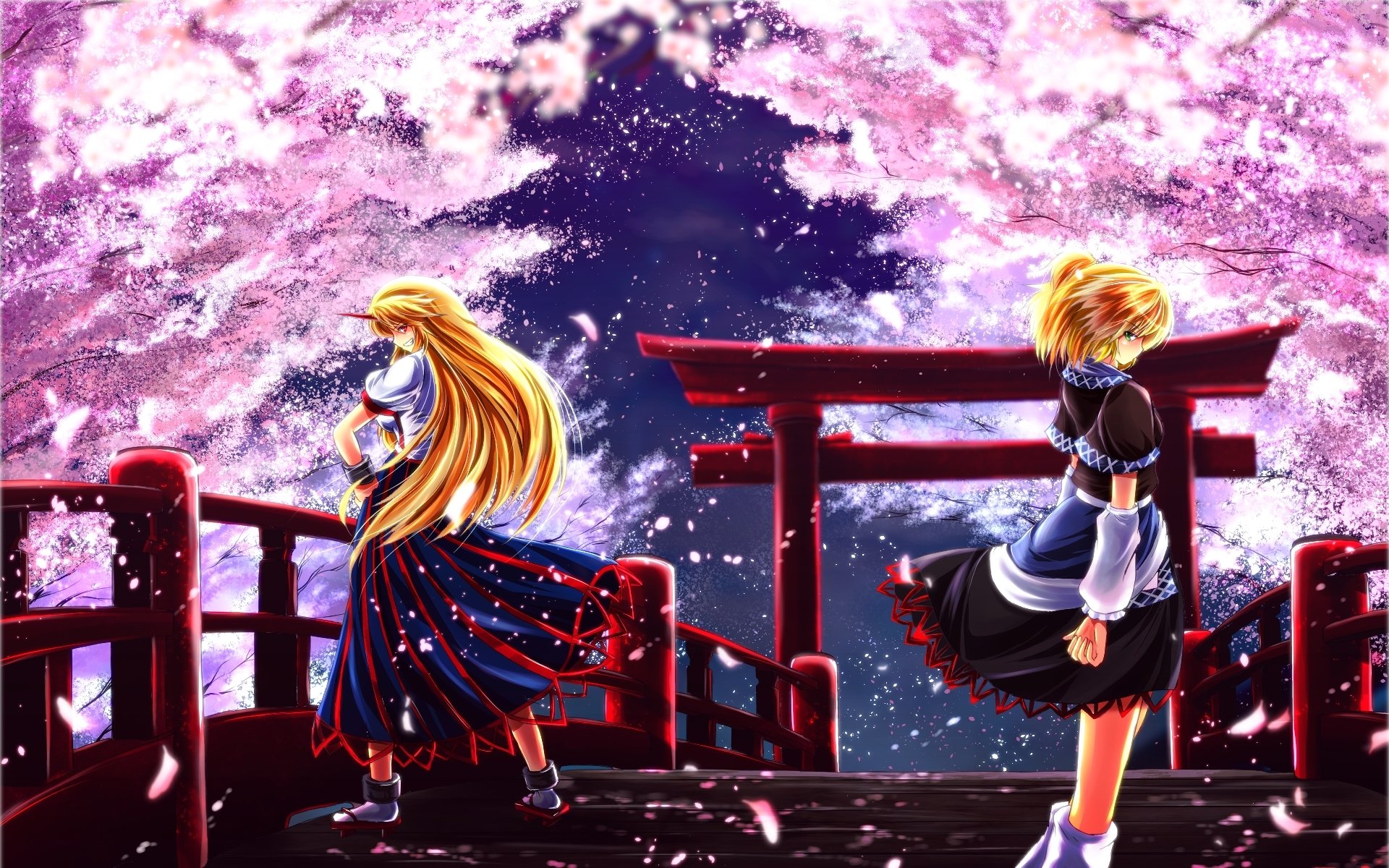 HD PC desktop wallpaper featuring anime characters Parsee Mizuhashi and Yuugi Hoshiguma from Touhou, set against a vibrant night sky and blooming cherry blossoms.