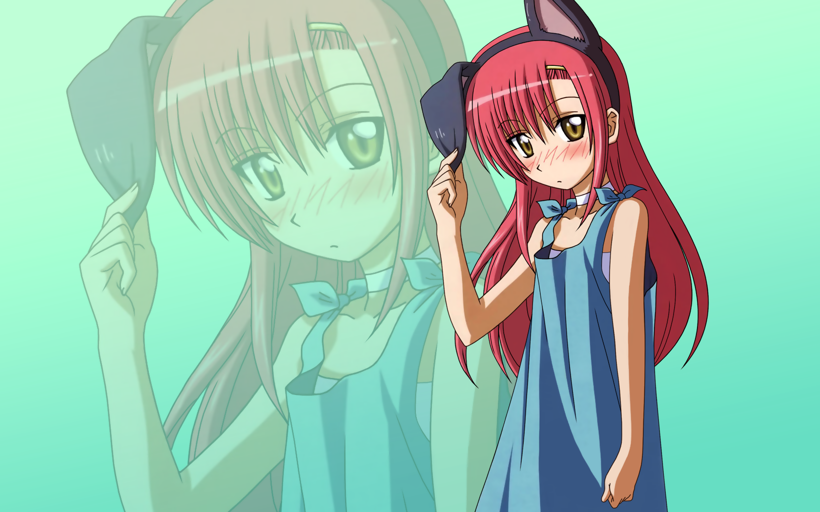 HD PC desktop wallpaper — anime (Hayate the Combat Butler): red-haired girl in a blue dress with cat-ear headband, standing with a faded reflection on a mint-green gradient background.