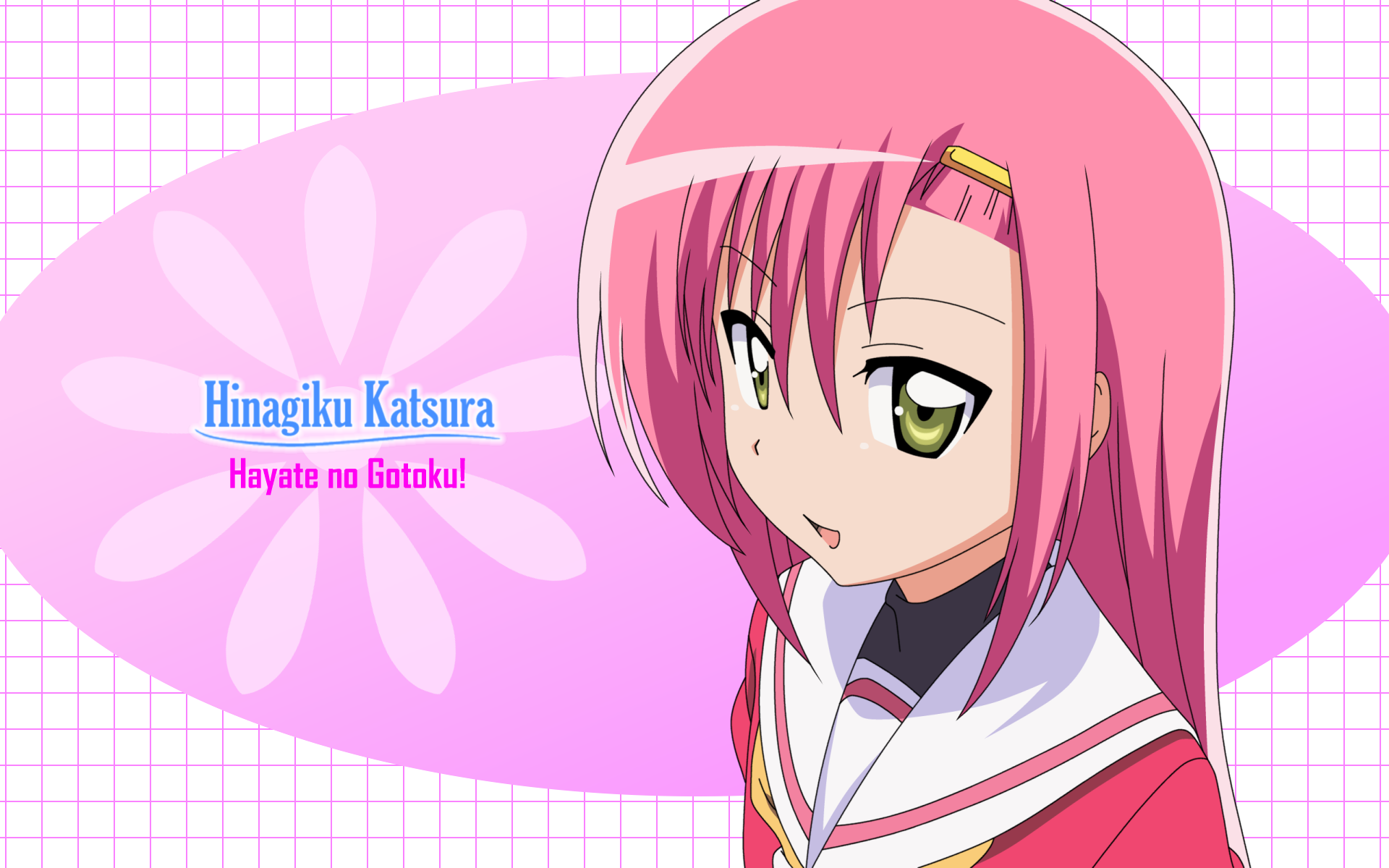 Anime HD PC desktop wallpaper/background from Hayate the Combat Butler featuring Hinagiku Katsura with pink hair in her school uniform against a pink patterned backdrop.