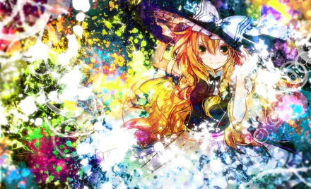 A vibrant HD wallpaper featuring Marisa Kirisame from the Touhou series, surrounded by a colorful, abstract background filled with splashes of color and light.