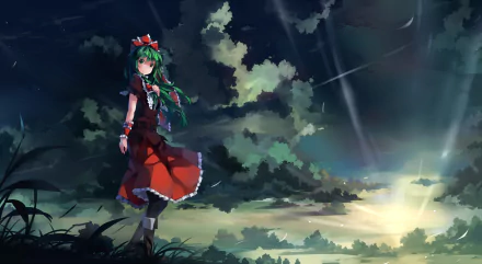 Anime-style Touhou character stands in a dark, dramatic landscape under a cloudy sky, rendered in high-definition as a PC desktop wallpaper and background.
