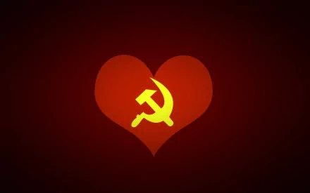 A vibrant HD desktop wallpaper featuring a stylized yellow hammer and sickle emblem inside a red heart, symbolizing communism with a bold design.