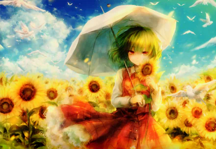 A vibrant 4K Ultra HD anime wallpaper featuring Yuuka Kazami from Touhou, standing in a sunflower field under a bright blue sky with white birds soaring.