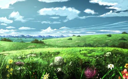 Anime landscape with lush green fields, colorful wildflowers, rolling hills, and distant mountains under a bright blue sky with white clouds. HD desktop wallpaper and background.